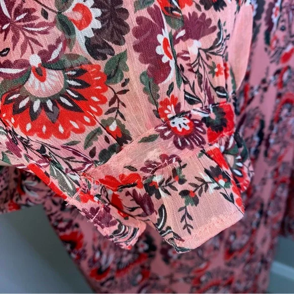 Boden pink & red paisley floral button front sheer ruffle front blouse size 8 - Picture 4 of 7